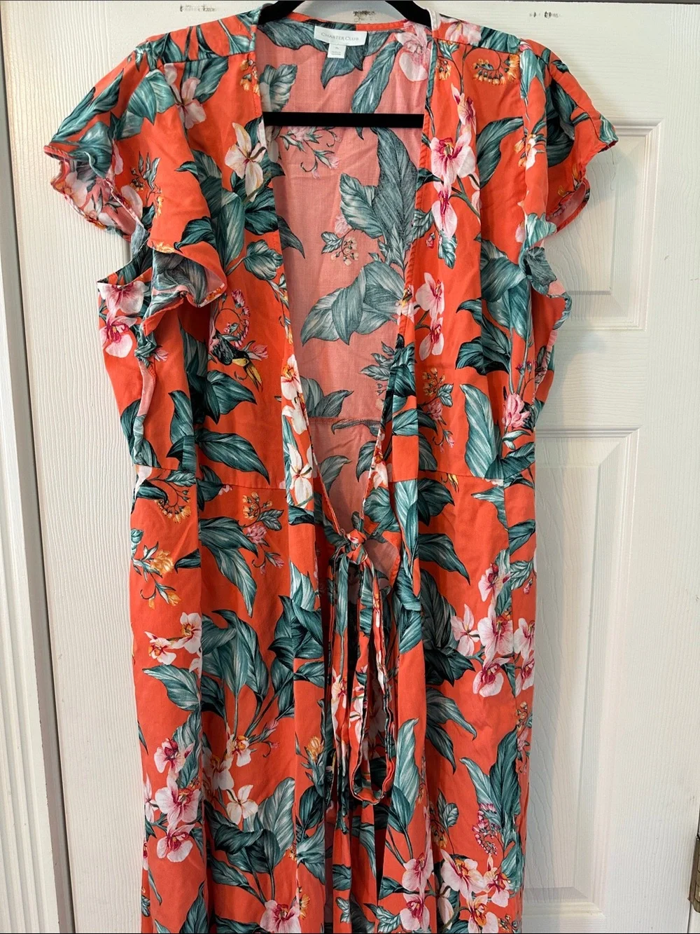 Charter Club Coral Teal Floral Tie Front Maxi Beach Cover Up 1X